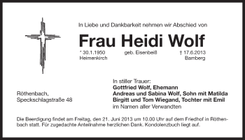Traueranzeige von Heidi Wolf von Pegnitz-Zeitung